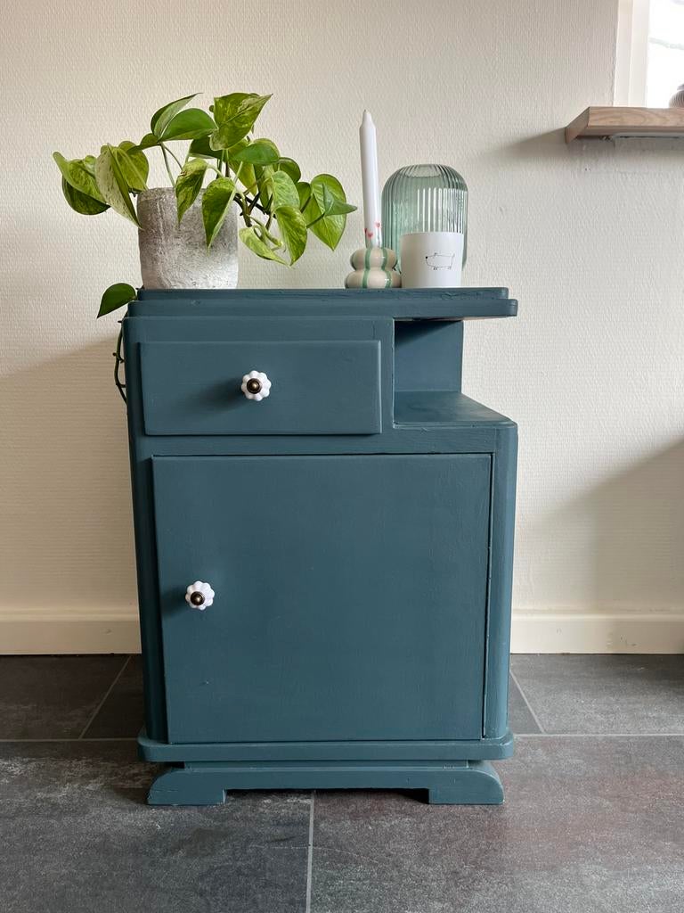 Prachtig vintage nachtkastje blauw ‘Homestead Blue’, Ophalen, Gebruikt, Minder dan 45 cm