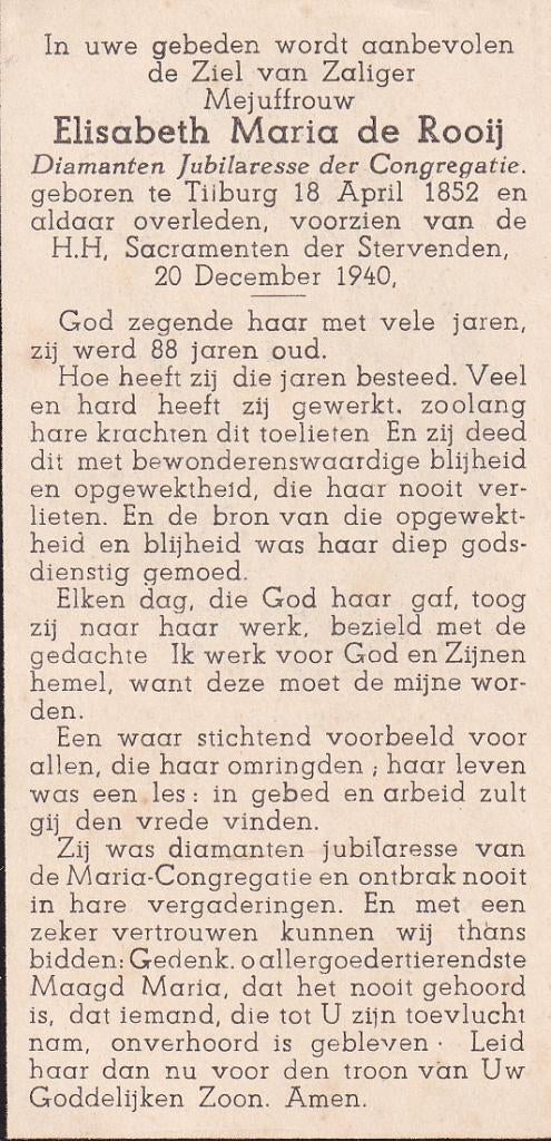 Rooij Elisabeth 1852 Tilburg 1940, Verzamelen, Ophalen of Verzenden, Bidprentje
