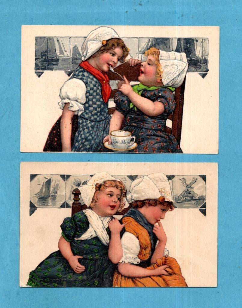 2x Mooie oude kaarten/reliéf met Hollandse meisjes M842, Verzenden, Voor 1920, Gelopen, Kinderen
