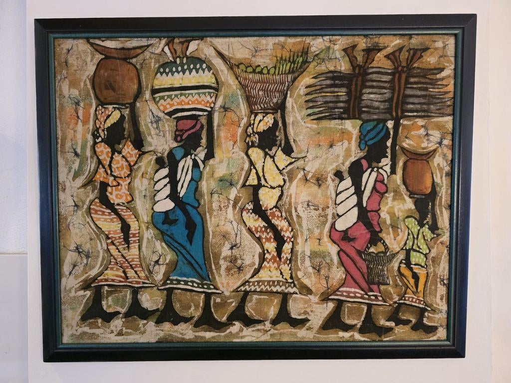 Batik schilderij Afrikaanse vrouwen met manden, Ophalen of Verzenden