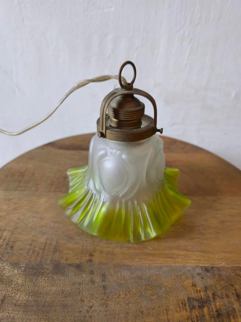 Antiek Art Nouveau Hanglampje met Groen Glas, Antiek en Kunst, Antiek | Lampen, Ophalen of Verzenden