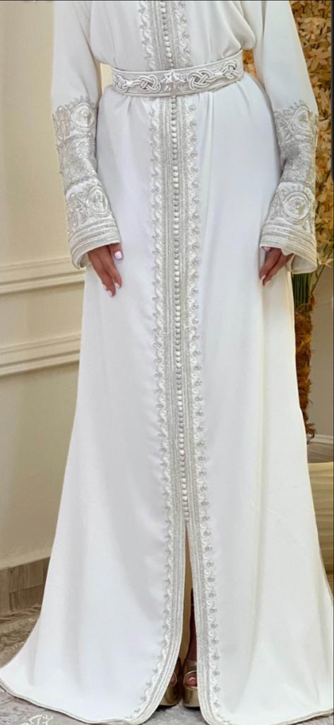 Marokkaanse kaftan wit met lichtgrijze/beige details, Maat 38/40 (M), Overige typen, Wit, Nieuw