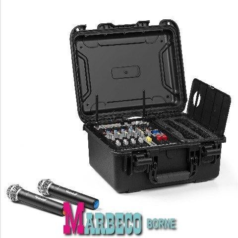 Power mixer in ABS case, 6-kanaals met 2 UHF microfoons