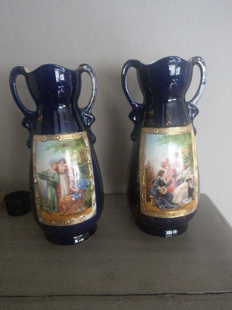 Set antieke vazen kaststel kobalt blauw gemerkt J.S. Austria, Ophalen of Verzenden