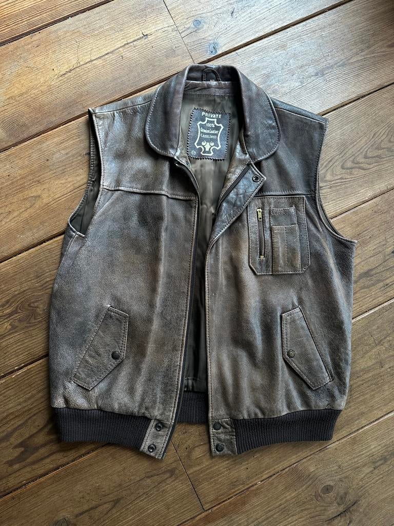 Leren bodywarmer vintage, Kleding | Heren, Bodywarmers, Ophalen of Verzenden, Zo goed als nieuw, Maat 48/50 (M), Bruin