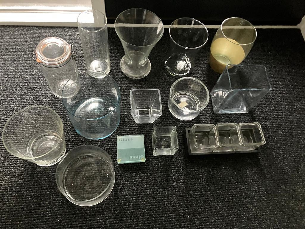 Mooie nette glazen potten, glazen vazen accubak vanaf 2,50, Overige kleuren, Ophalen of Verzenden, Minder dan 50 cm, Glas