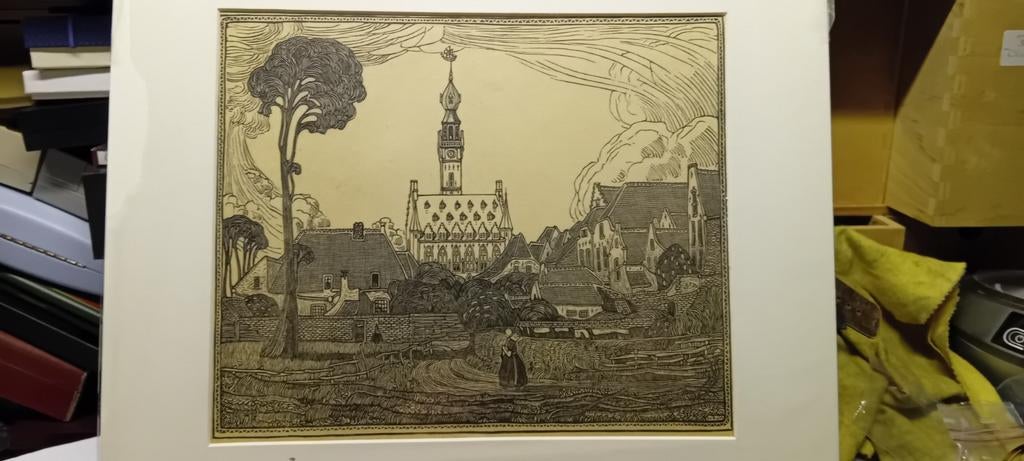 W.O.J NIEUWENKAMP . Houtsnede Stadhuis te Veere, Ophalen of Verzenden