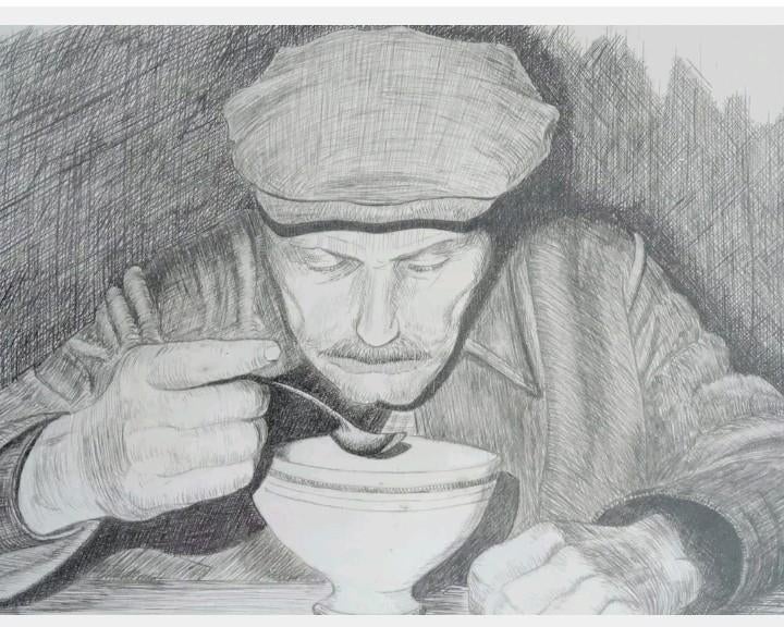 Medard Tytgat originele tekening etende man, Ophalen of Verzenden