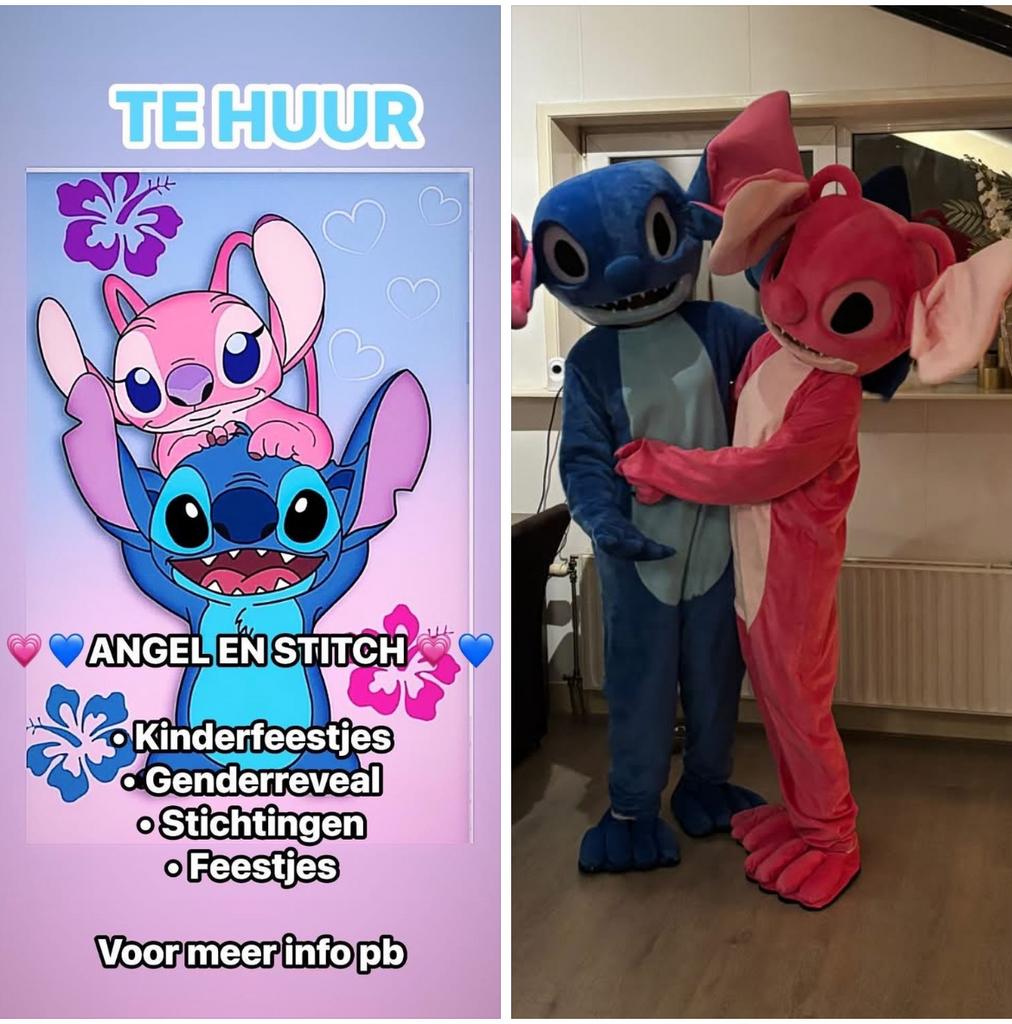 STITCH EN ANGEL MASCOTTE TE HUUR, Hobby en Vrije tijd, Feestartikelen | Verhuur, Ophalen of Verzenden, Verjaardag