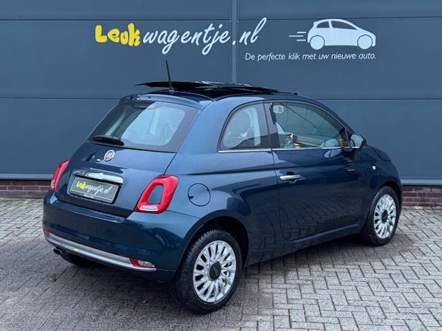 Fiat 500 0.9 Turbo Lounge *schuifdak *cruise *blauw metallic, Voorwielaandrijving, Gebruikt, Zwart, Leder en Stof