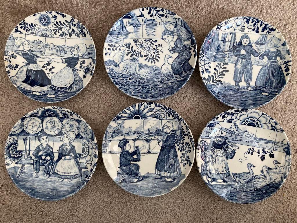 Vintage 6 Delfts blauwe sierborden, Ophalen of Verzenden