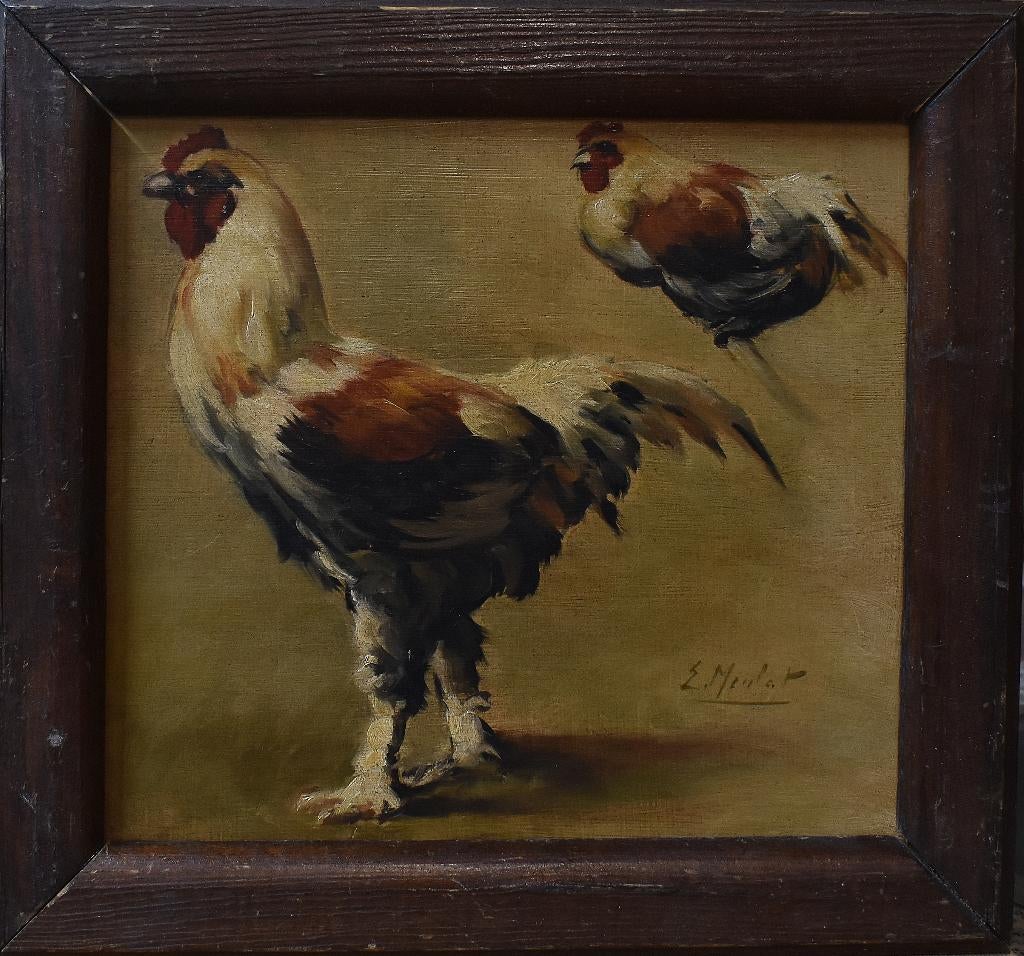 Schilderij E.Meulat kippen., Antiek en Kunst, Verzenden