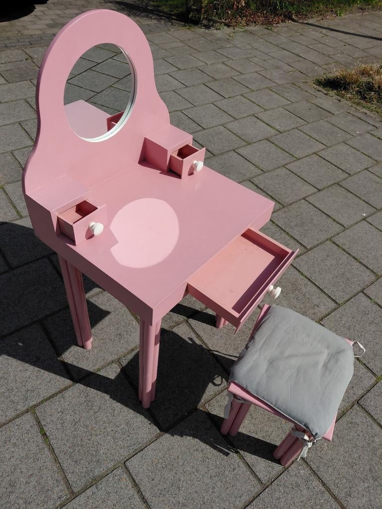 Roze houten kinder kaptafel met krukje en spiegel, Ophalen of Verzenden, Gebruikt