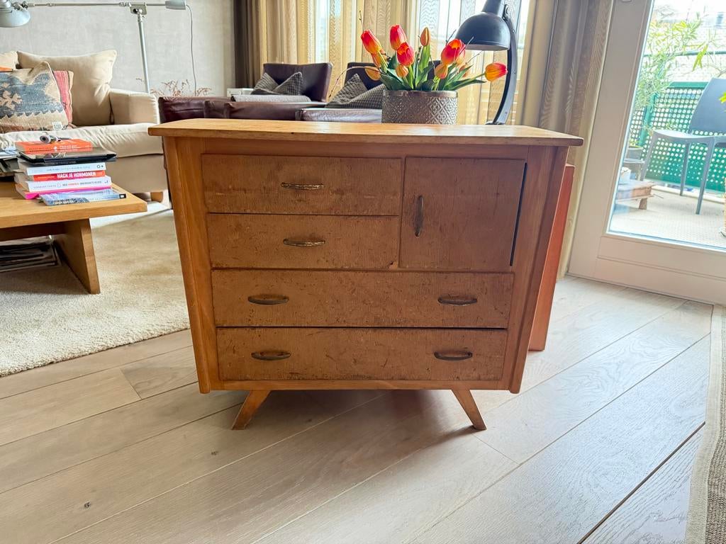 Jaren 50 kastje met laden en deurtje Vintage, Huis en Inrichting, Kasten | Ladekasten, Ophalen, Gebruikt, 50 tot 100 cm, 3 of 4 laden