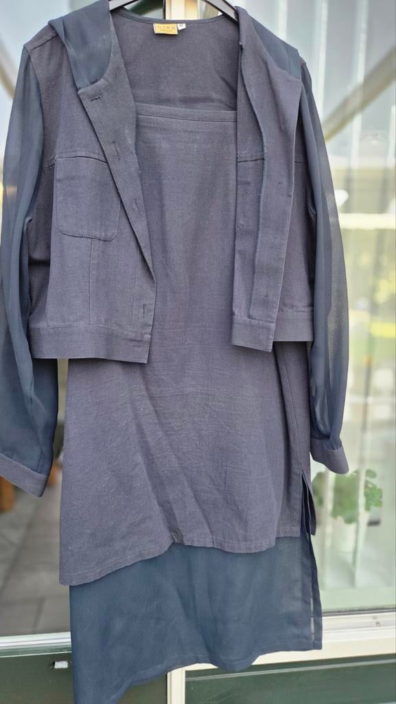 Donkerblauw linnen voile mantelpak mt 44 met lange rok, Ophalen of Verzenden, Zo goed als nieuw, Blauw