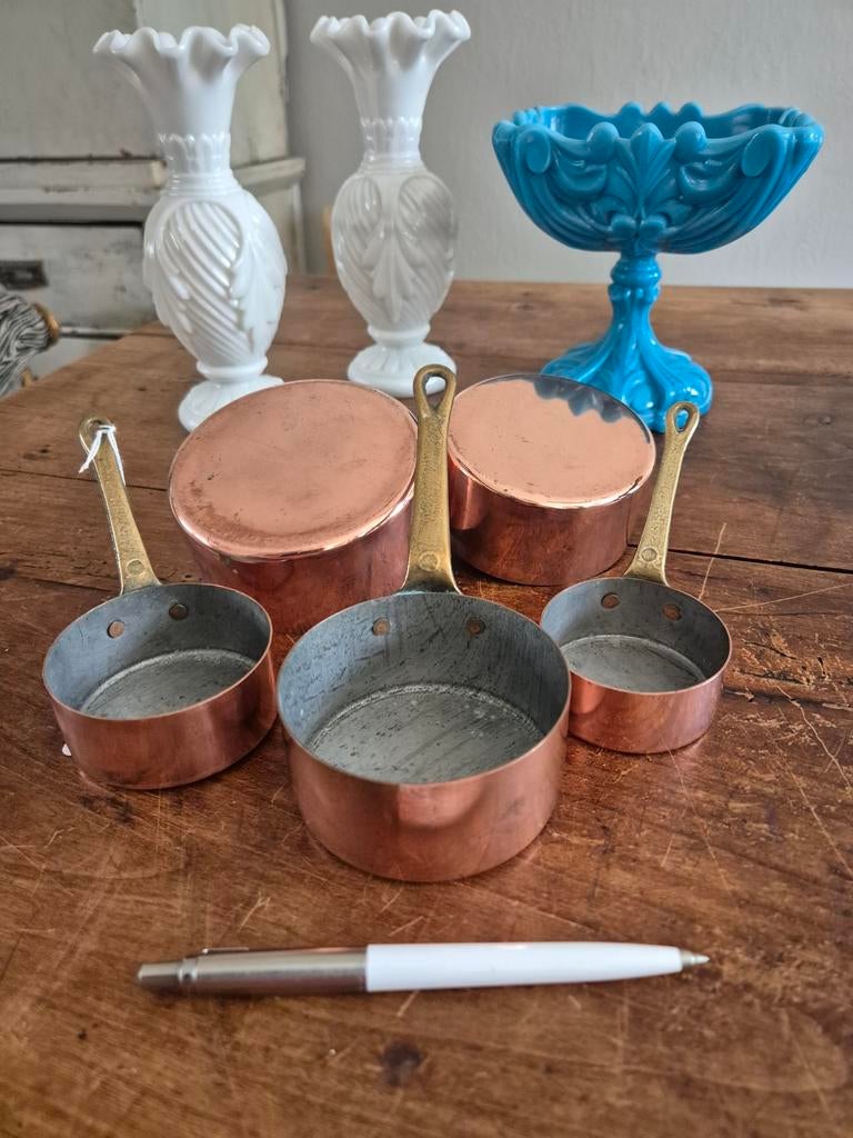 Setje oud Frans koperen mini pannetjes, Ophalen of Verzenden