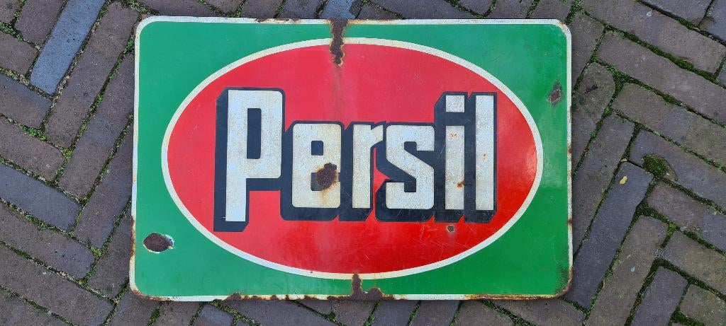 Oud Emaille Reclamebord Persil - Een Groot Bord, Ophalen of Verzenden, Gebruikt, Reclamebord