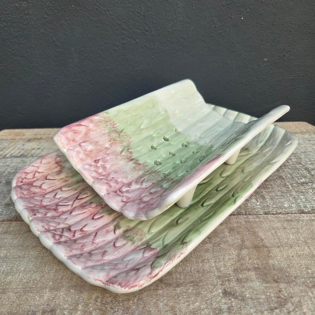 Brocante Barbotine Aardewerk Aspergeschaal met Treef, Ophalen of Verzenden