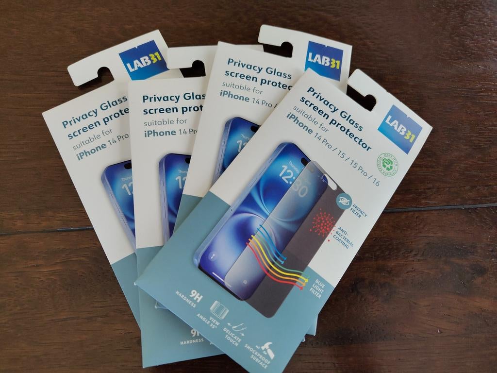 LAB31 iPhone 14 Pro, 15 (pro) 16 privacy screen protector 4x, Telecommunicatie, Ophalen of Verzenden, Nieuw, Bescherming, Apple iPhone