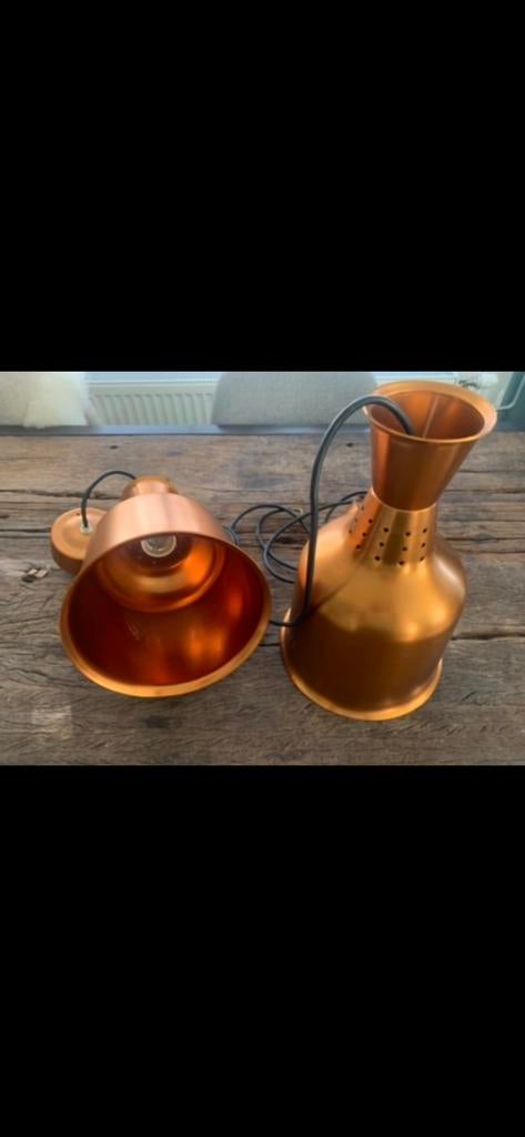 Koperkleurige warmte-hanglampen, set van twee, Ophalen of Verzenden, Gebruikt, Metaal, Minder dan 50 cm
