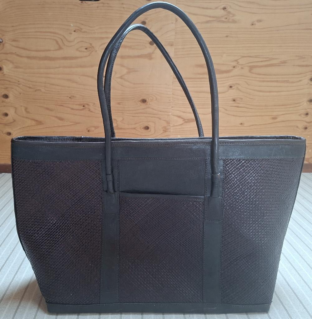 Grote leren (strand) tas met gevlochten delen., Ophalen of Verzenden, Zo goed als nieuw, Bruin, Shopper