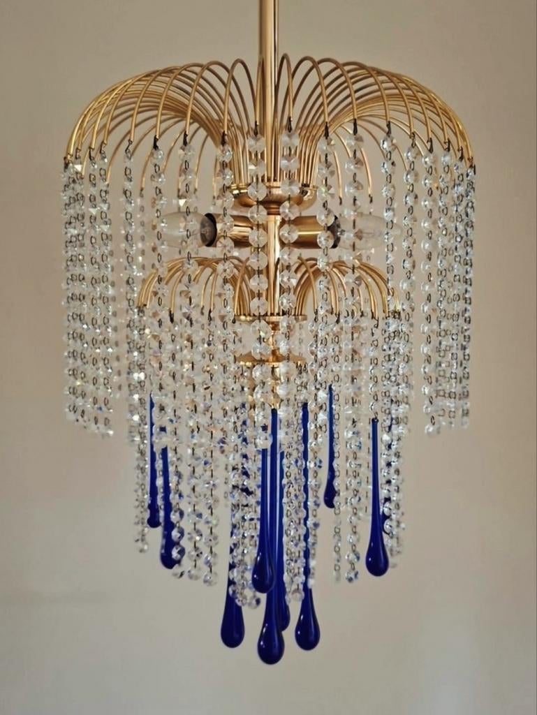 Vintage Swarovski Kroonluchter met Blauwe Kristallen, Ophalen, Gebruikt, Glas, Klassiek, Luxe, Glamour