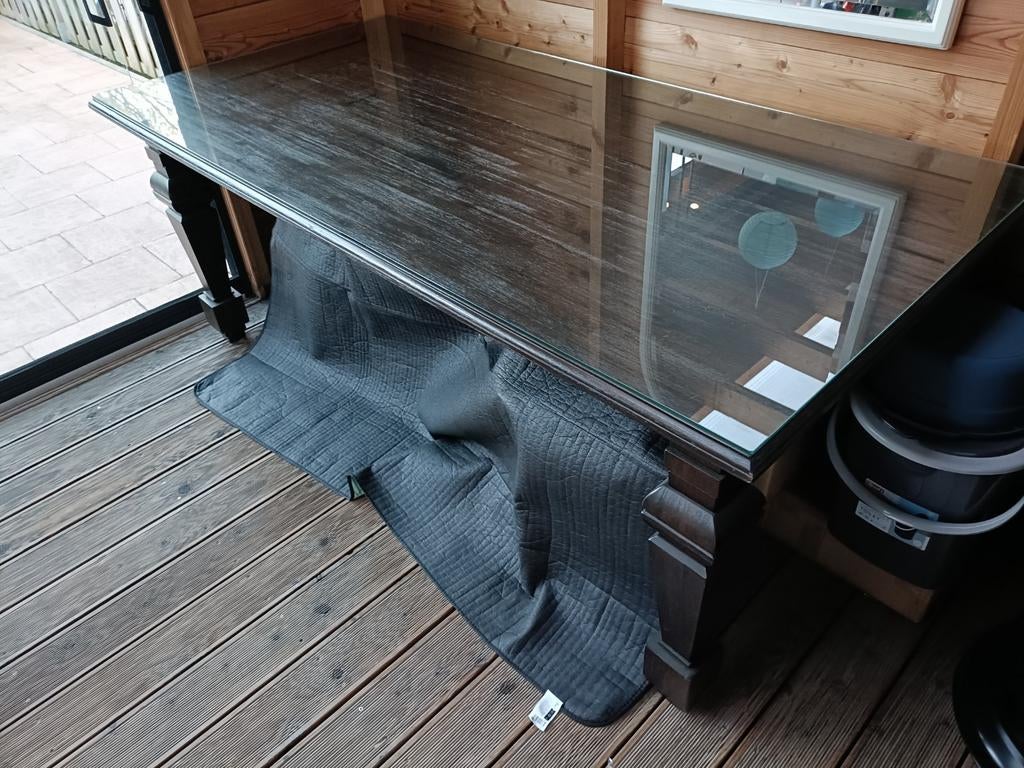 Eettafel met glasplaat 198x98cm, Ophalen, Gebruikt, Glas, 50 tot 100 cm