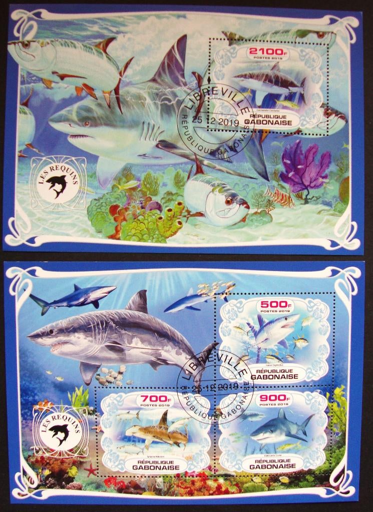 - 755 - 2 Blokken met Haaien / Vissen., Verzenden, Gestempeld, Dier of Natuur