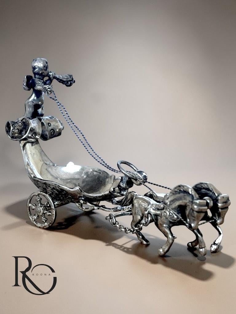 Zilveren miniatuur koets met paarden en engel 835, Antiek en Kunst, Ophalen of Verzenden, Zilver