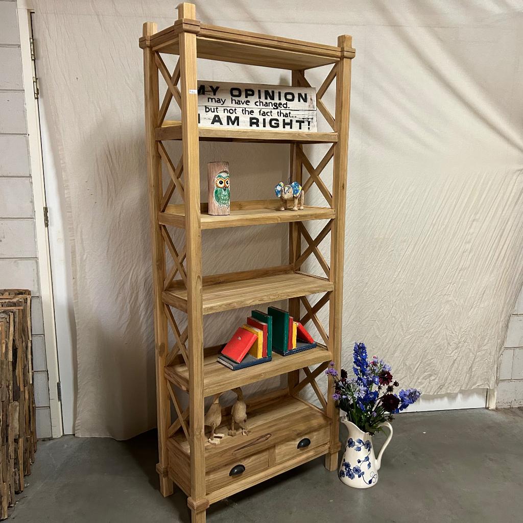 Boekenkast - 5 planken - 2 lades - massief teak - TTM Wonen, Huis en Inrichting, Kasten | Boekenkasten, Nieuw, 50 tot 100 cm, 150 tot 200 cm