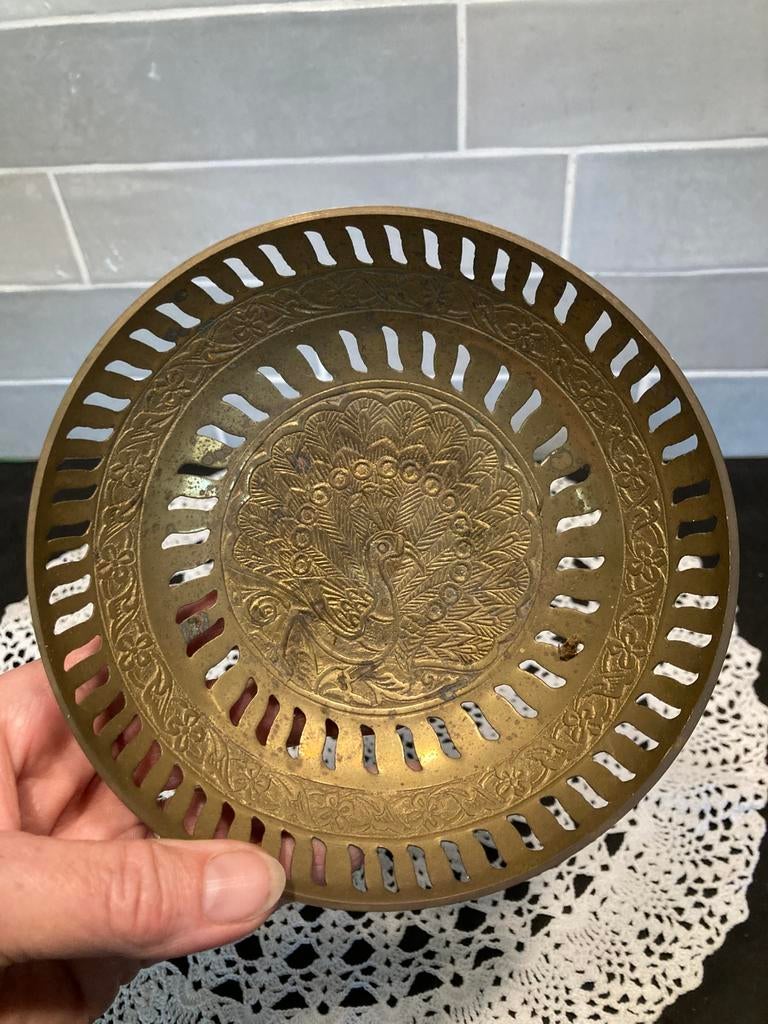 Messing schaaltje met pauw (080426c), Antiek en Kunst, Antiek | Koper en Brons, Ophalen of Verzenden, Koper