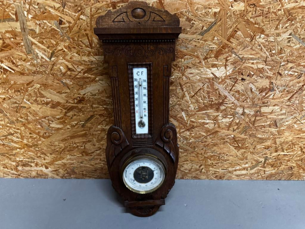 Antieke Eikenhouten Barometer & Thermometer - ReK4, Gebruikt, Barometer, Ophalen of Verzenden, X