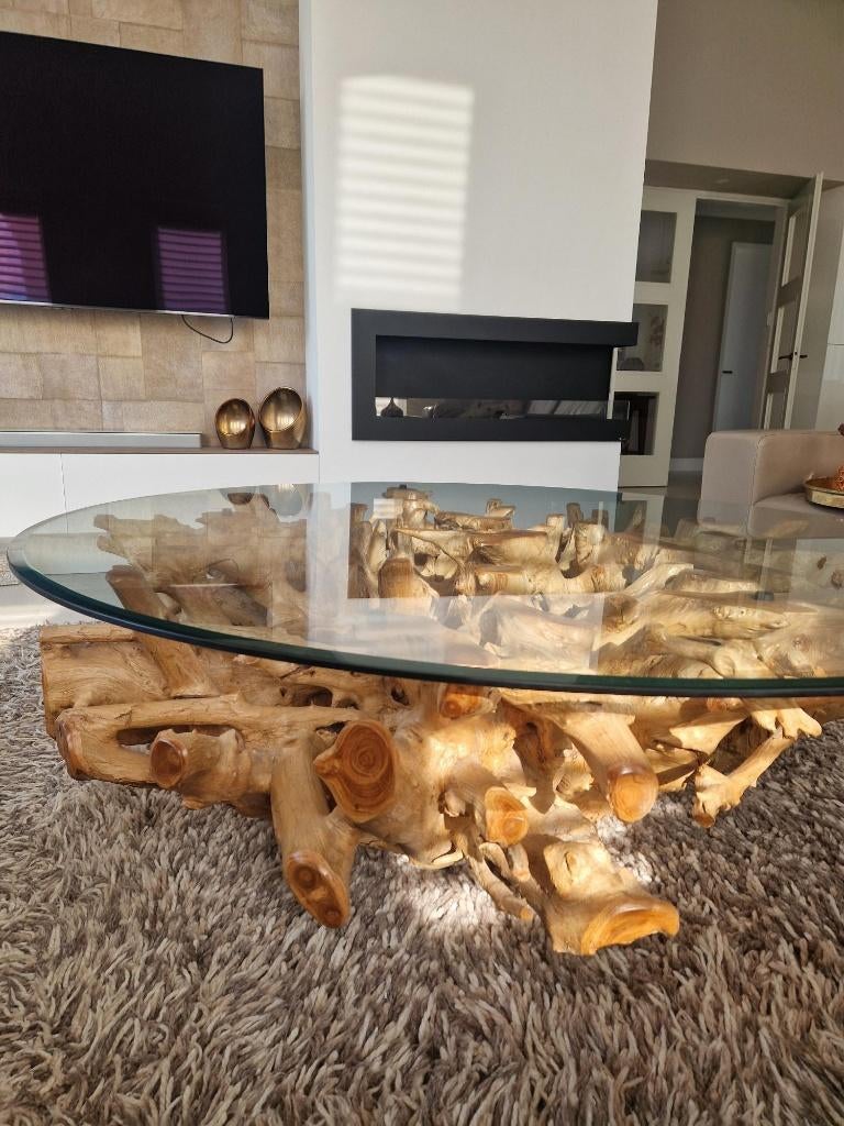 Prachtige unieke salontafel van teak root., Ophalen, Japandi, ibiza chique, hotelchique,, 150 tot 200 cm, Zo goed als nieuw