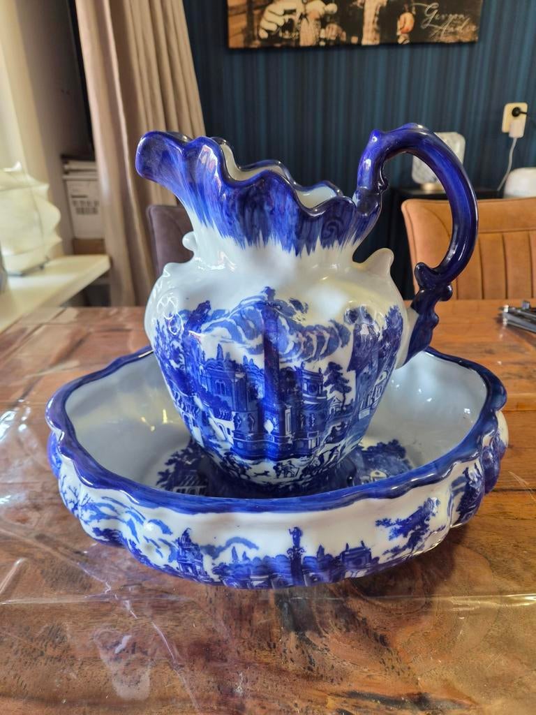 Antieke waskom en kan set - Blauw/Wit met scheurtje, Antiek en Kunst, Ophalen