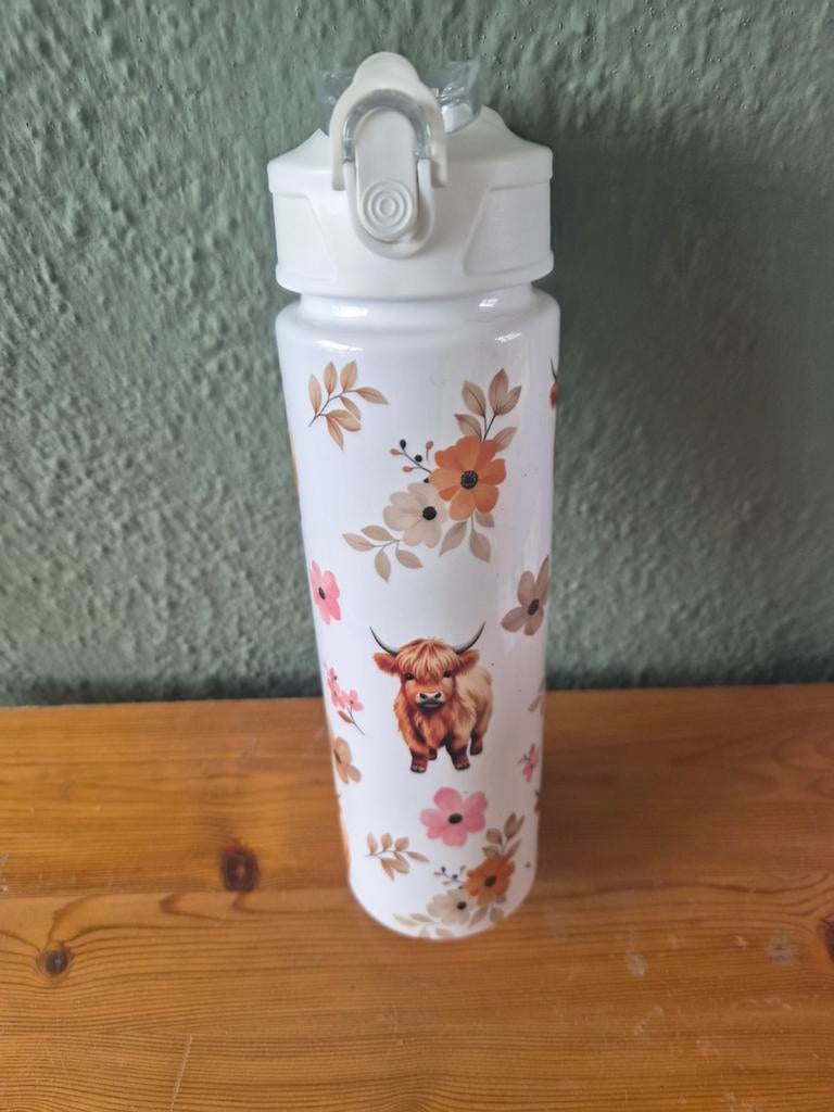 Drinkfles met rietje en Schotse Hooglander print, Ophalen, Nieuw