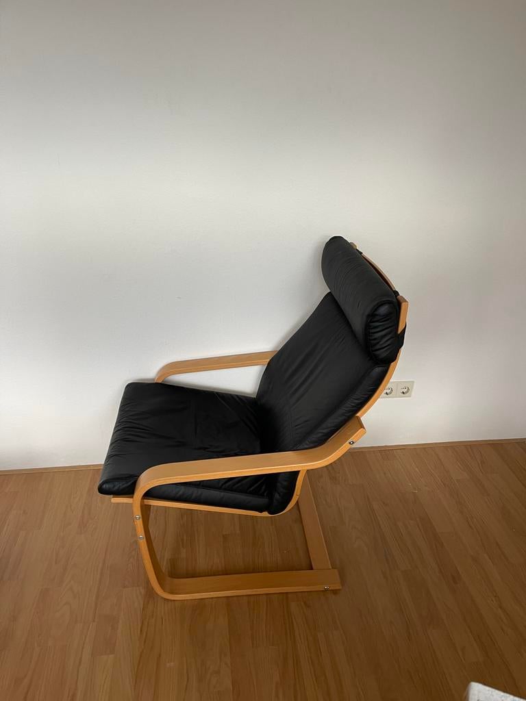 IKEA POÄNG fauteuil - Zwart leer, tijdloos design, Gebruikt, Eenpersoons, 75 tot 100 cm, Ophalen of Verzenden