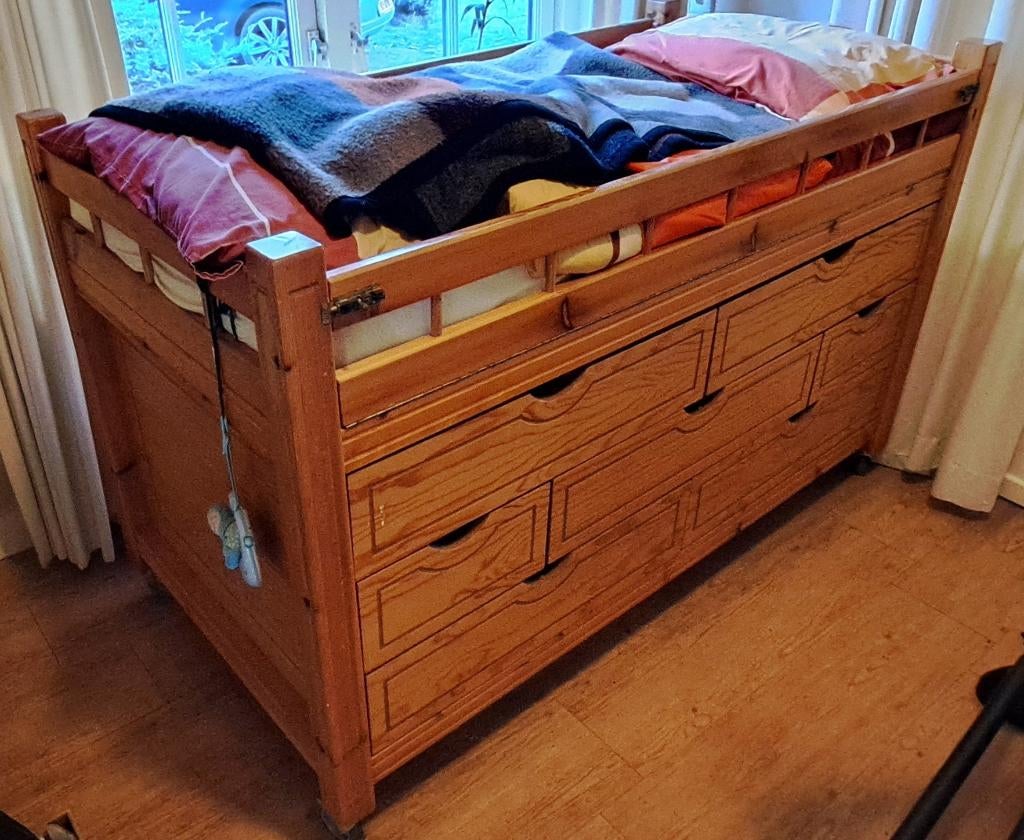 Handgemaakte houten bed-box, Ophalen, Eenpersoons, Bruin, 80 cm