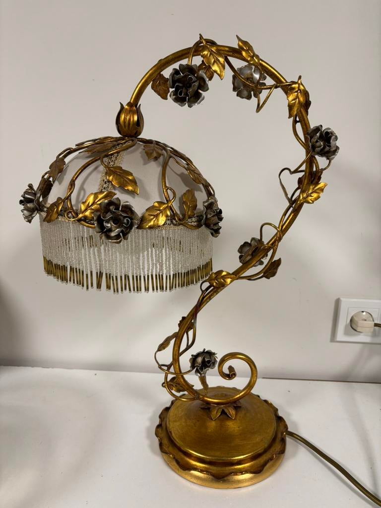 vergulde, tafellamp in Art Nouveau-stijl met rozen, Ophalen of Verzenden