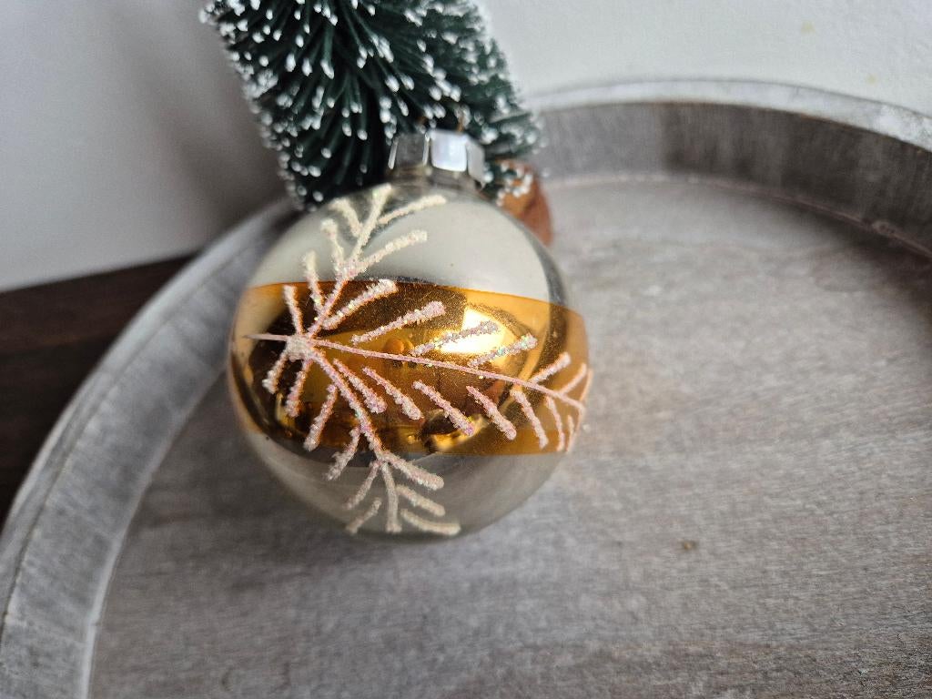 Vintage kerstbal oranje streep met tak 541, *, Gebruikt, *, Ophalen of Verzenden