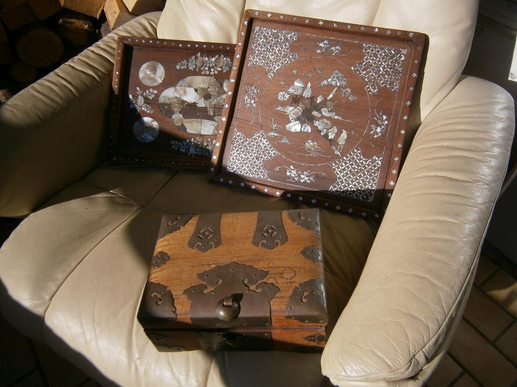 chinese kunst parelmoer inlegwerk dienblad en kistje, Ophalen of Verzenden
