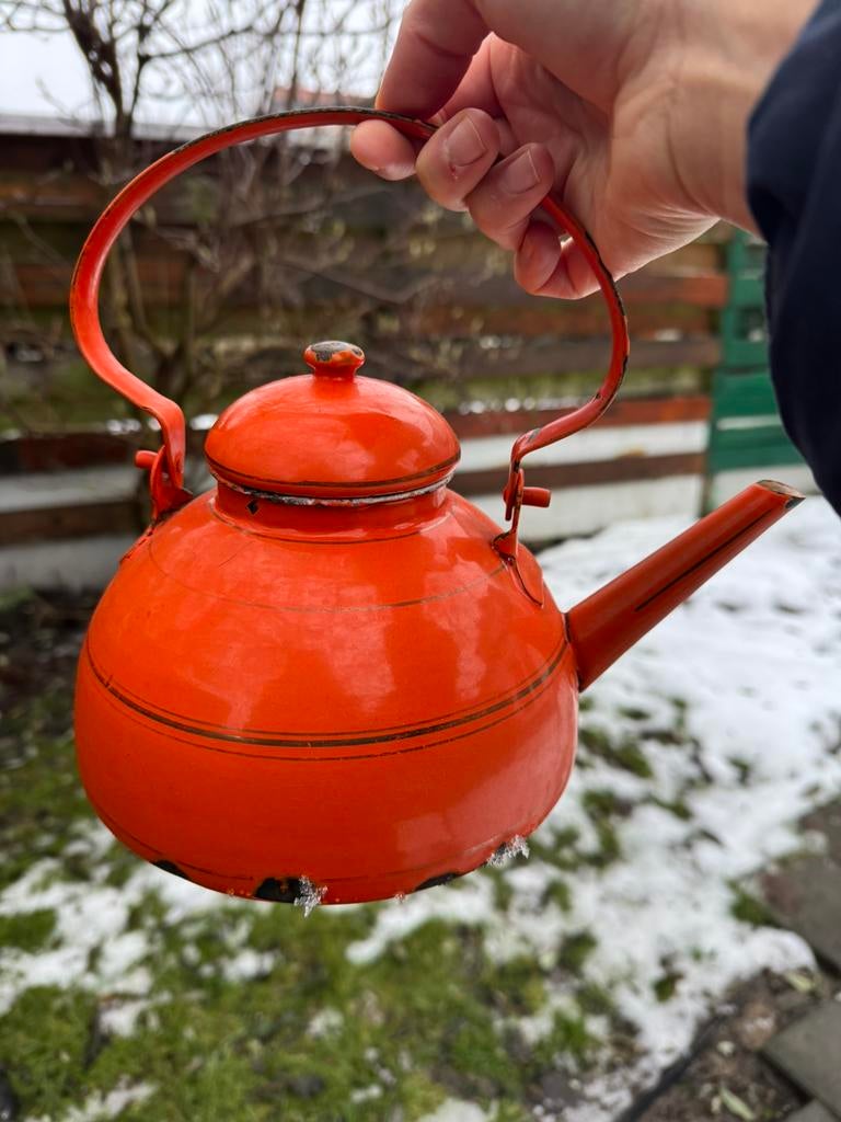 Vintage retro theepot oranje emaille, Ophalen of Verzenden