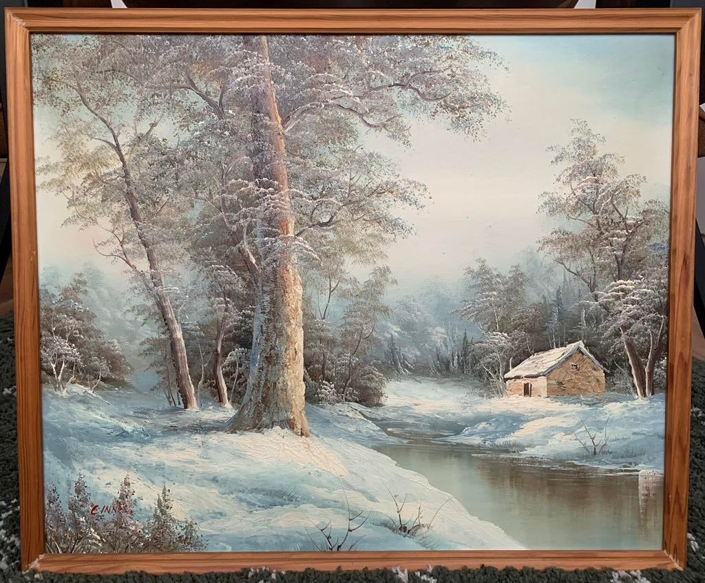 Olieverf schilderij winterlandschap /-gezicht- Clara Inness, Antiek en Kunst, Kunst | Schilderijen | Klassiek, Ophalen of Verzenden