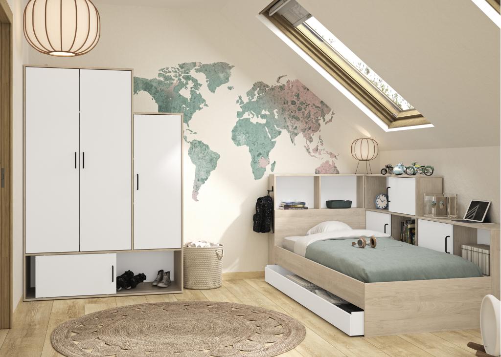 Erwin 1-persoonsbed met kastjes en lade - Naturel/wit, Niet ingevuld, Niet ingevuld, Niet ingevuld