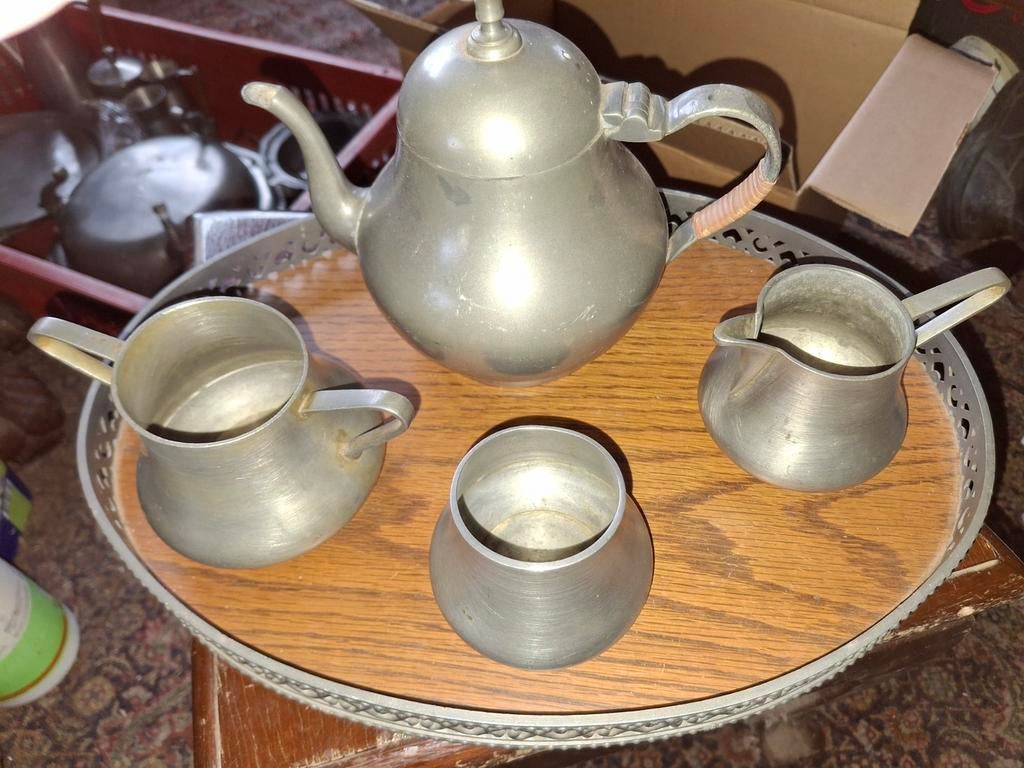 Vintage Tinnen Koffie-/Theeservies met Dienblad, Antiek en Kunst, Ophalen of Verzenden