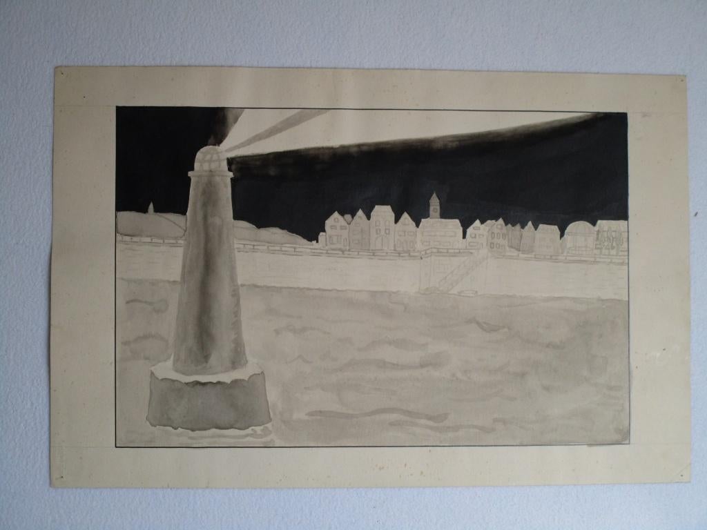 Nr.59: Oude tekening Aquarel Schilderij Vuurtoren met Skylin, Antiek en Kunst, Ophalen of Verzenden