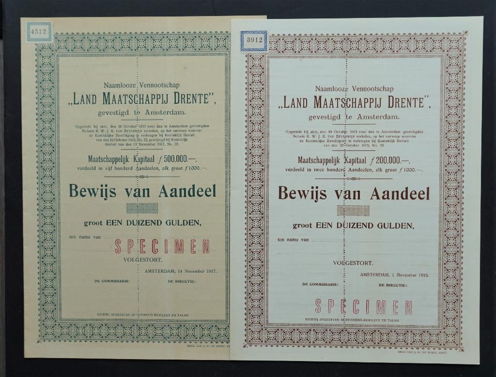 Land Maatschappij Drente - Amsterdam 1915 / 1917  2x, Postzegels en Munten, Verzenden, Voor 1920, Aandeel