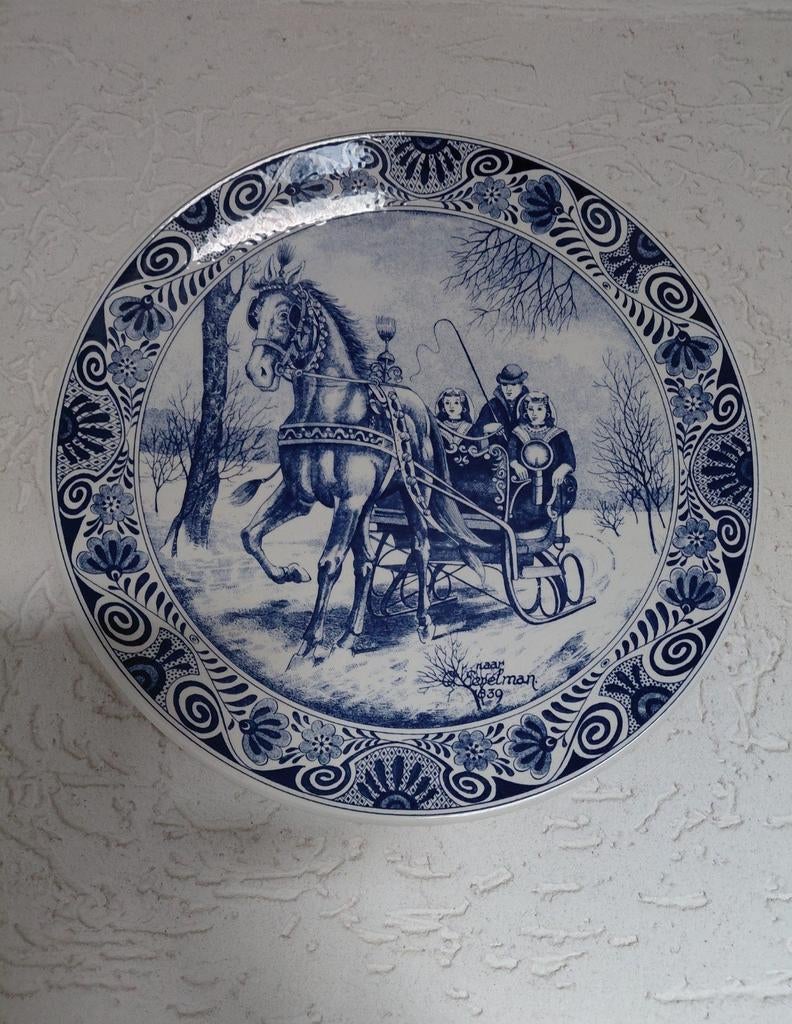 Delfsblauw bord paard en slee, Ophalen of Verzenden