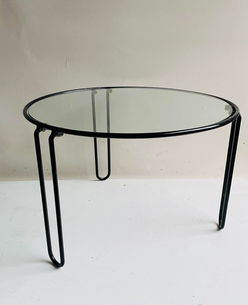 Jaren 80 ronde koffietafel met glazen blad en hairpin poten, Ophalen, Huis en Inrichting