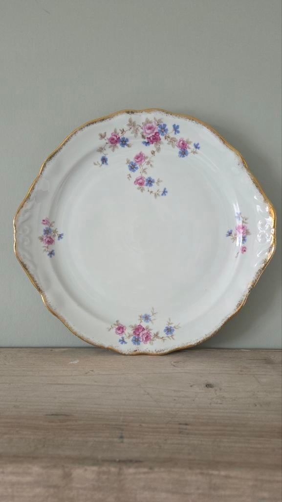 Vintage bord / serveerschaal met bloemen en gouden rand, Ophalen of Verzenden