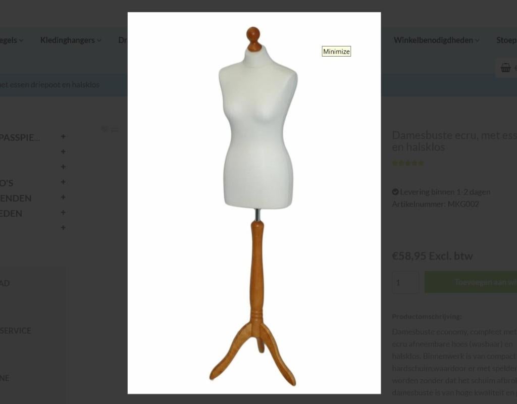 Dames paspop maat 38, met houten driepoot, nog in de doos!, Ophalen, Nieuw, Paspop